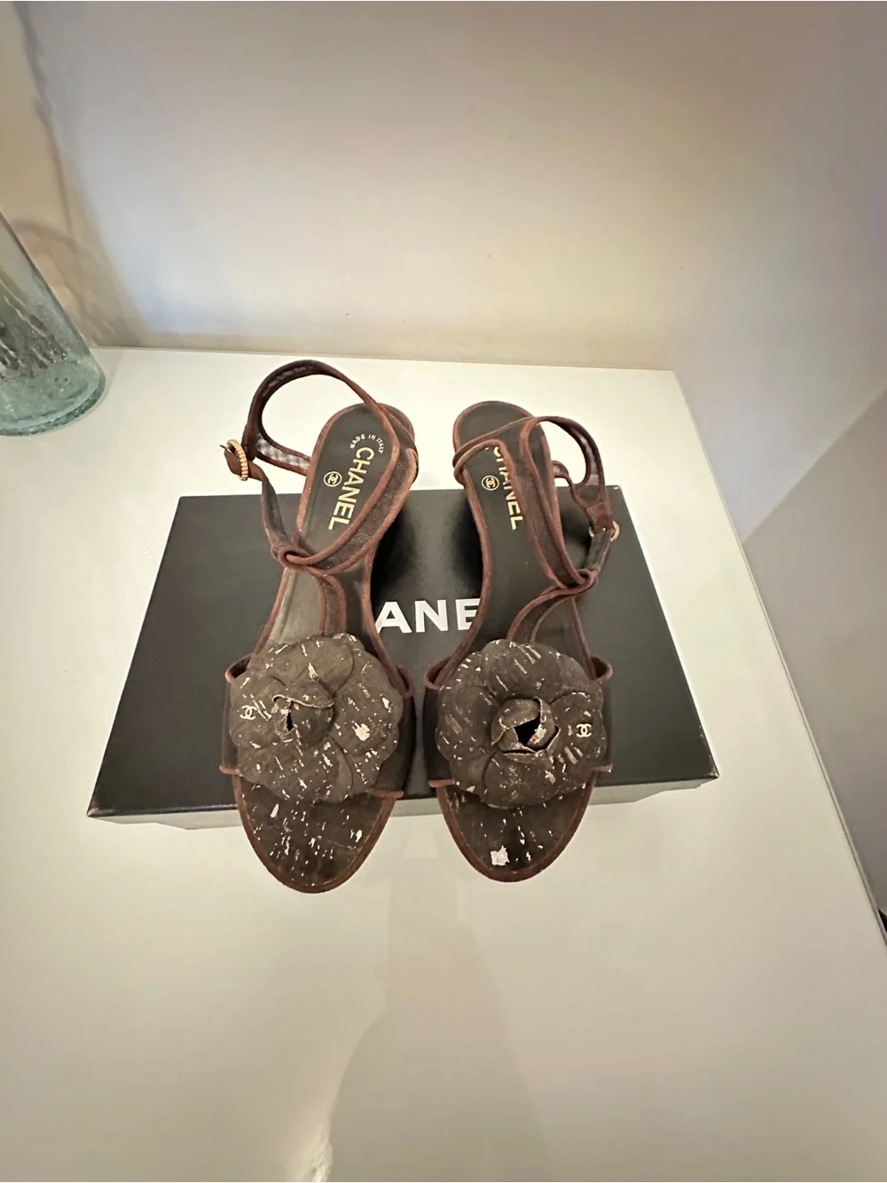 CHANEL Brown Camellia Embellished Strappy Sandals